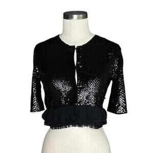BCBGMAXAZRIA Black Sequin Cropped Ruffle Trim Cardigan Sweater Women's Size XS